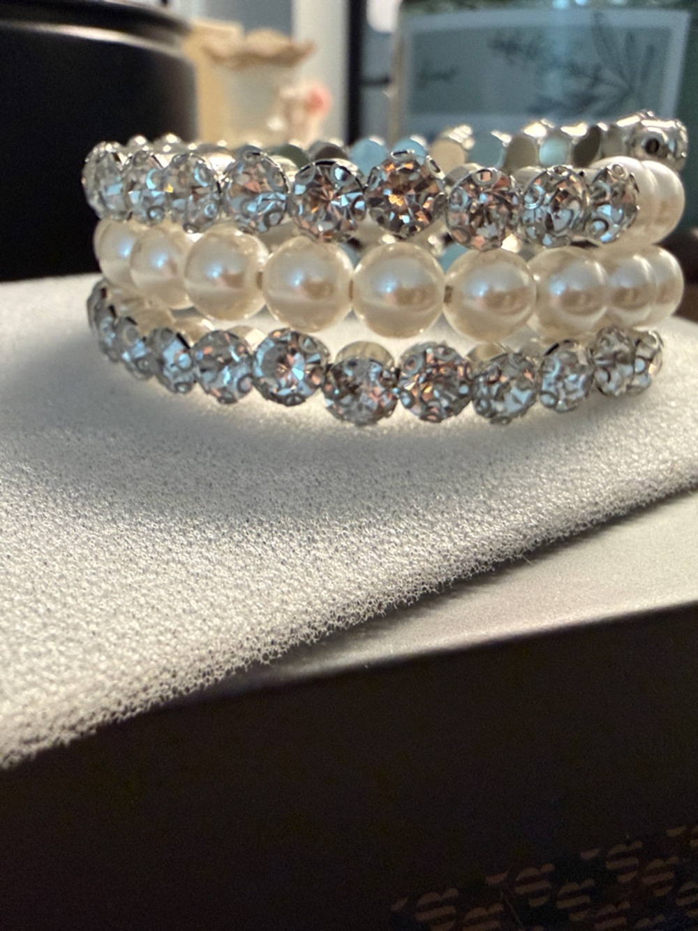 Pearl and Crystal Stretch Bracelet Stack - White and Silver
